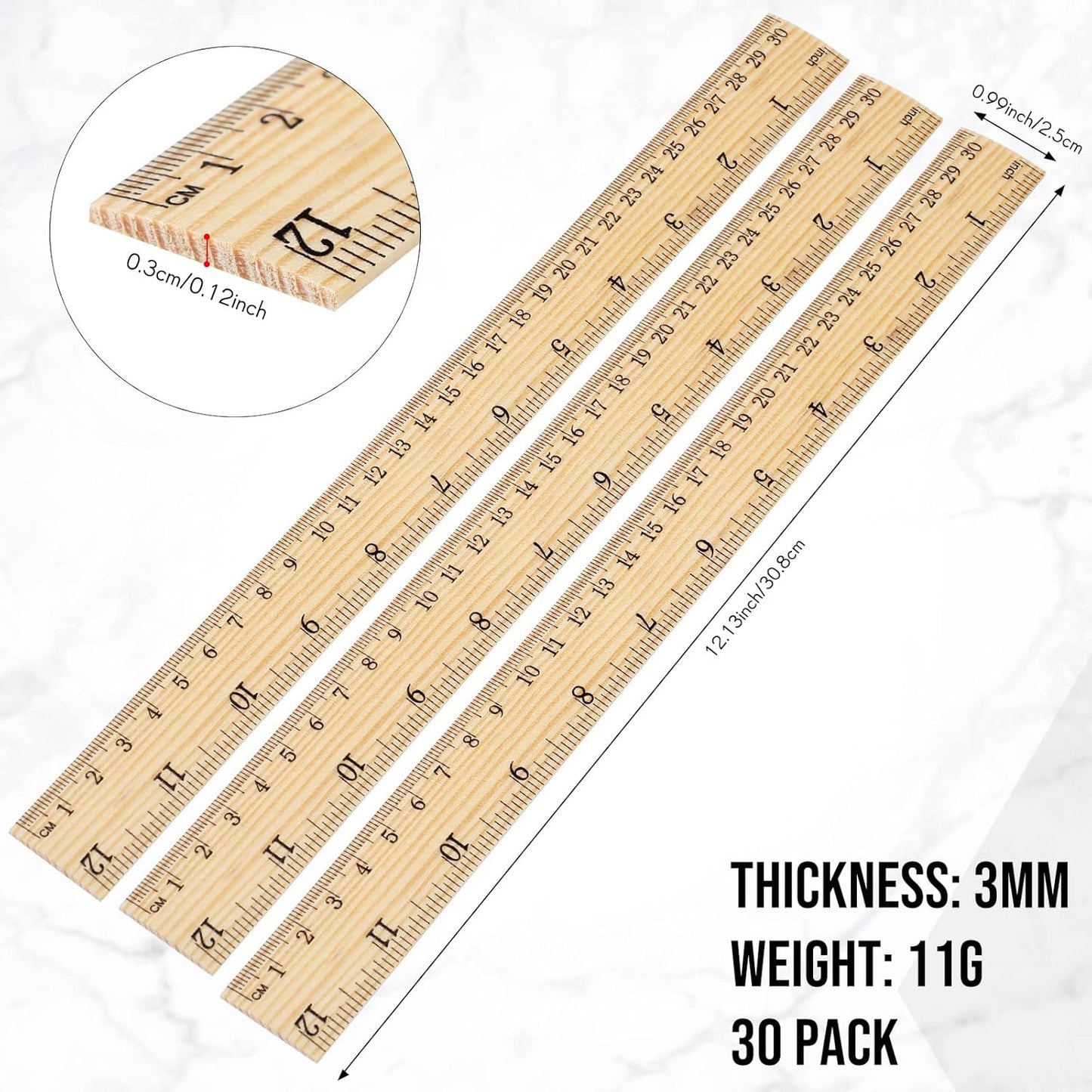 Zonon 30 Pcs 12 Inch Plastic Ruler Assorted Colors Ruler Bulk with Centimeters Millimeter and Inches Rulers First Day of School Gift for Kids School Classroom Office Supplies(Simple Color,Wood)