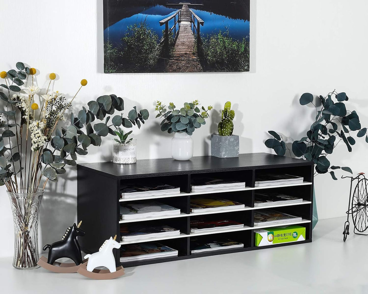 PAG Mail Sorter, Wood Countertop Literature Organizer, Student Mailbox for Classroom, Desktop Bill Paper Organizer for Office Home School, 12 Compartments, Black & White