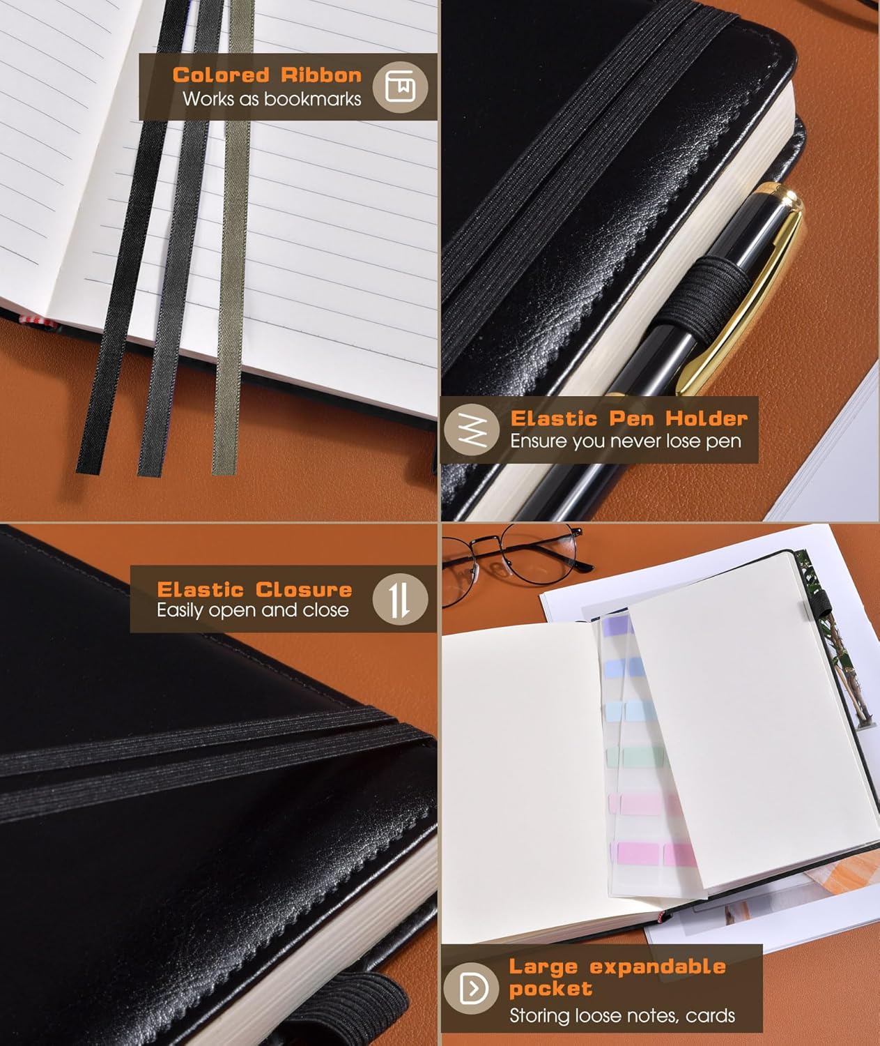 Lined Journal Notebook for Women Men, 256 Numbered Pages Hardcover Leather Journals for Writing, A5 Journaling Notebooks, College Ruled Journal for Business Work School Note Taking 5.75" x 8.38" Black