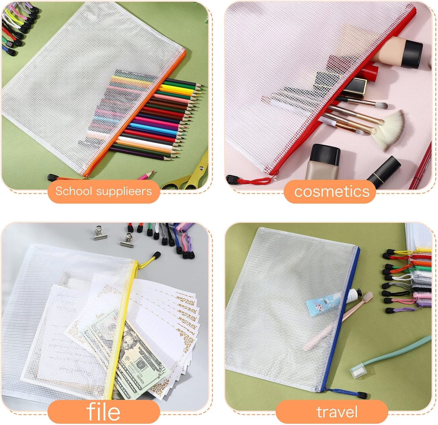 200 Pcs A4 Mesh Zipper Pouch Bulk Waterproof Mesh Zipper Organizer Plastic File Folder Case for School Office Supplies Document Board Games Puzzle(Multicolor)