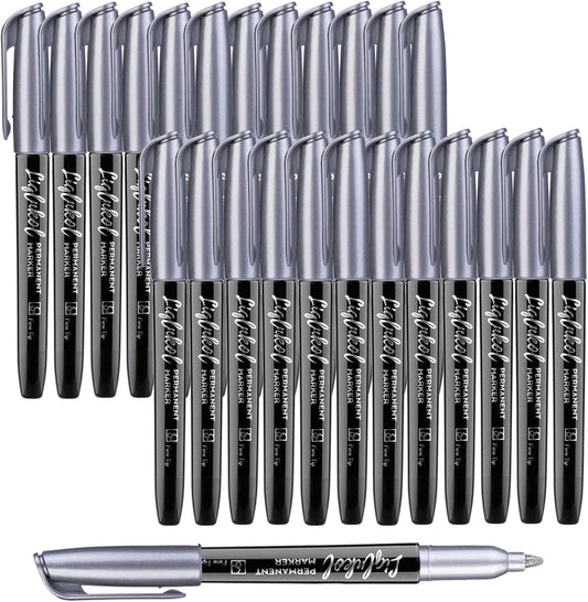 Silver Metallic Permanent Markers, 24 Pack Silver Metallic Marker Pens for Artist Illustration, Industrial Marking, DIY Crafts, Gift Card Making