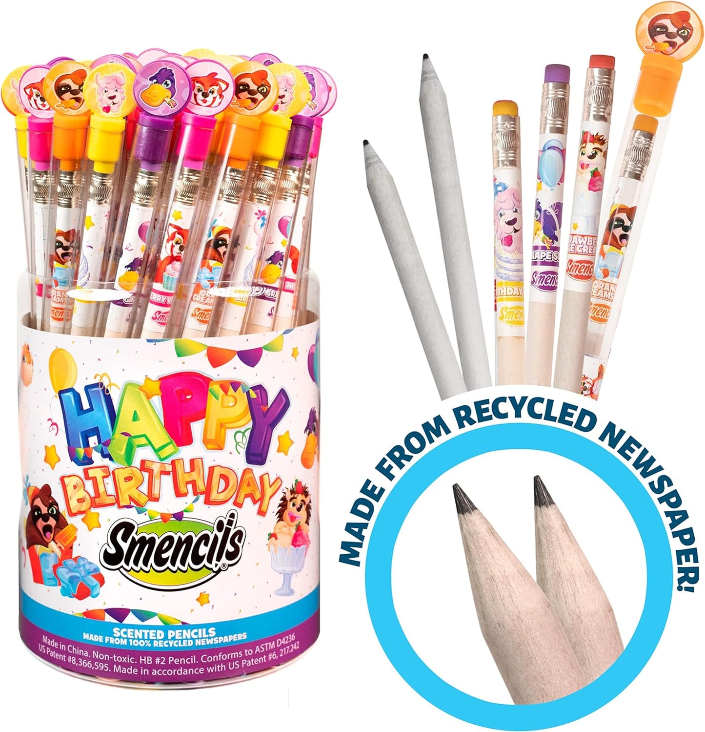 Party Animals Smencils Cylinder - HB #2 Patented Gourmet Scented Pencils, 50 Count, Gifts for Kids