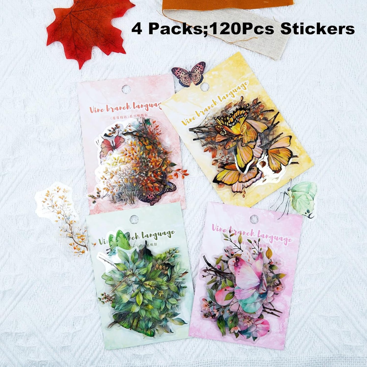Butterfly and Branch PET Sticker Set, 120PCS Botanical Stickers for Scrapbooking, Journaling, DIY Crafts, and Planner Supplies