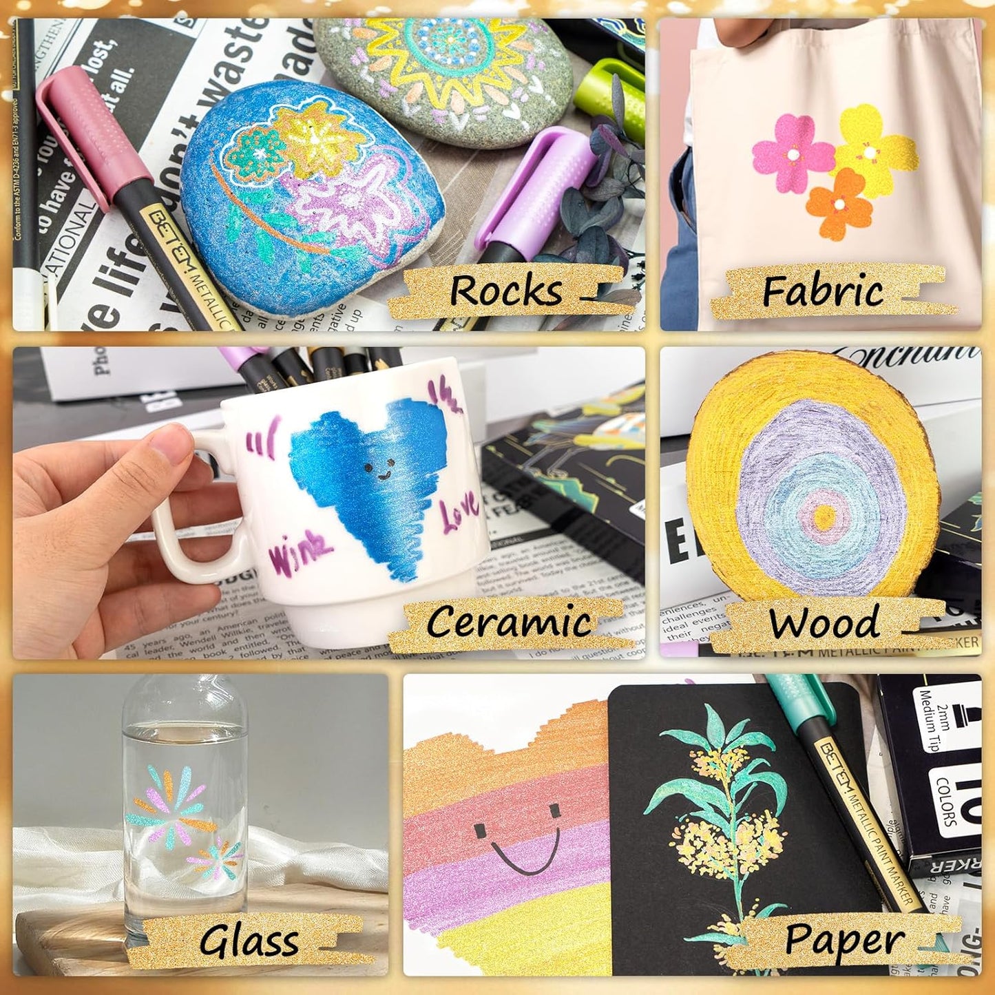 Betem Metallic Paint Markers, 18 Colors Acrylic Paint Markers for Black Paper，2mm Medium Tips Metallic Glitter Pens for Scrapbooking, Rock Painting, Greeting Cards, Photo Albums, DIY Art Crafts