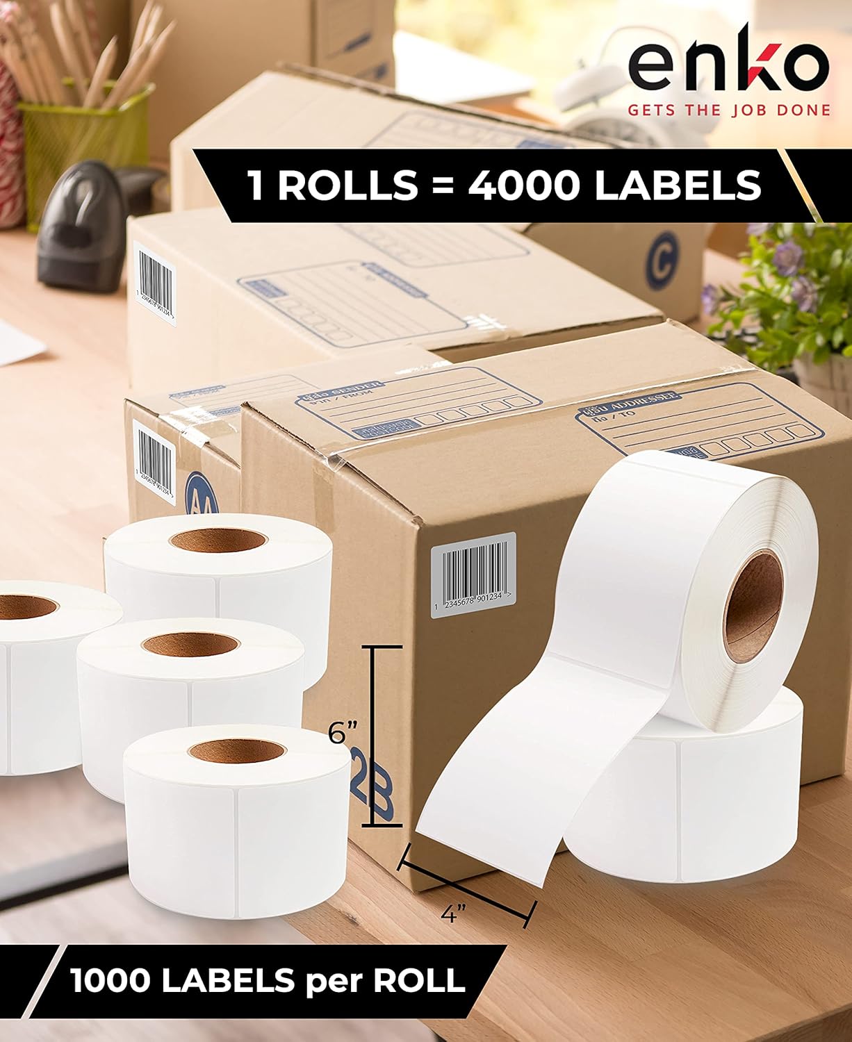 enKo 1 Roll 4" x 6" Direct Thermal 1000 Labels 3" Core - Address & Shipping Labels Compatible for Industrial Printer Zebra 220Xi4 ZT200 ZT400 ZT510 ZT600 Datamax NATO Intermec
