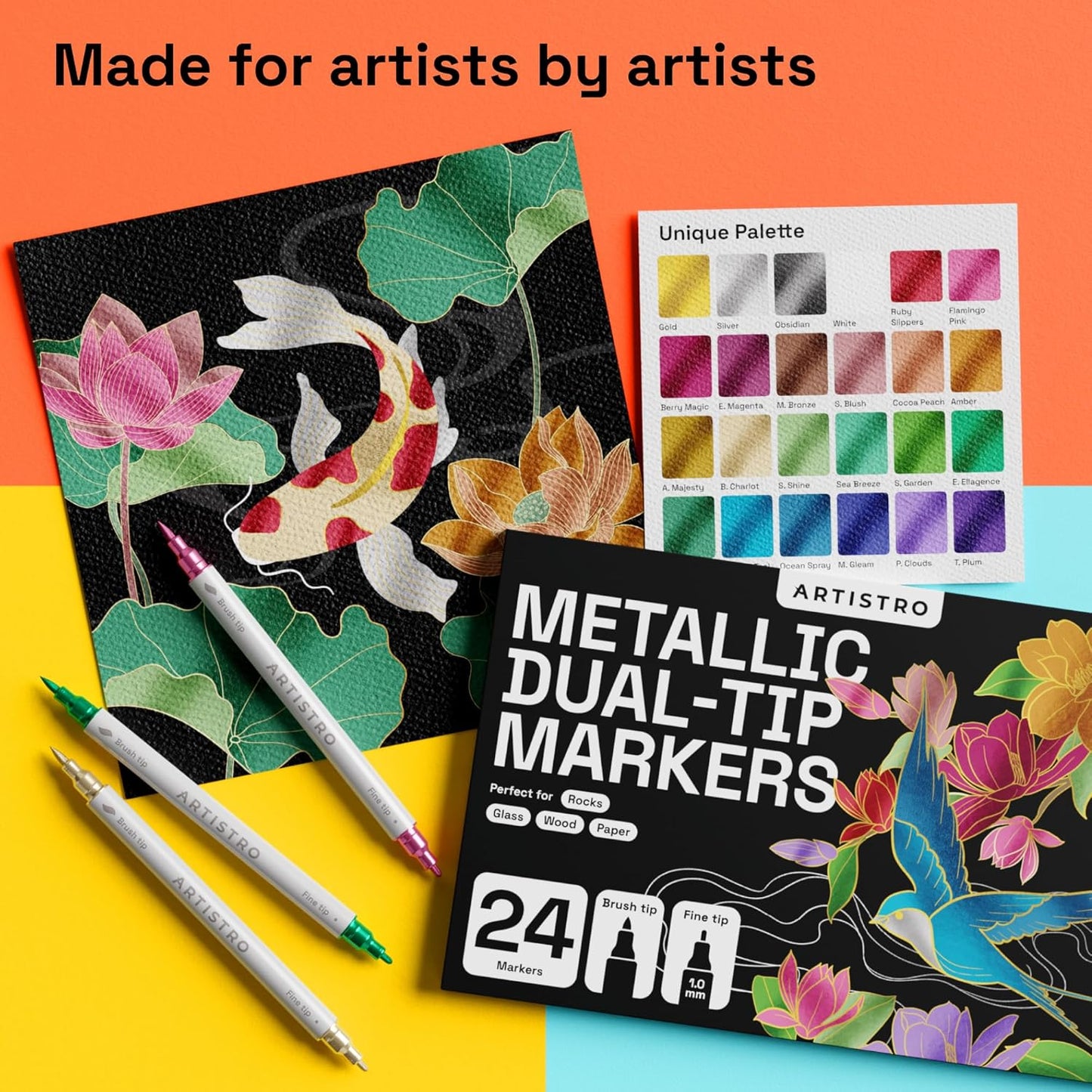 ARTISTRO Dual Tip Acrylic Paint Markers - Easy for All Ages & Levels Acrylic Paint Pens for Fabric, Rocks, Paper, Wood, Canvas, Glass, DIY (Dual Tip Metallic, 24)