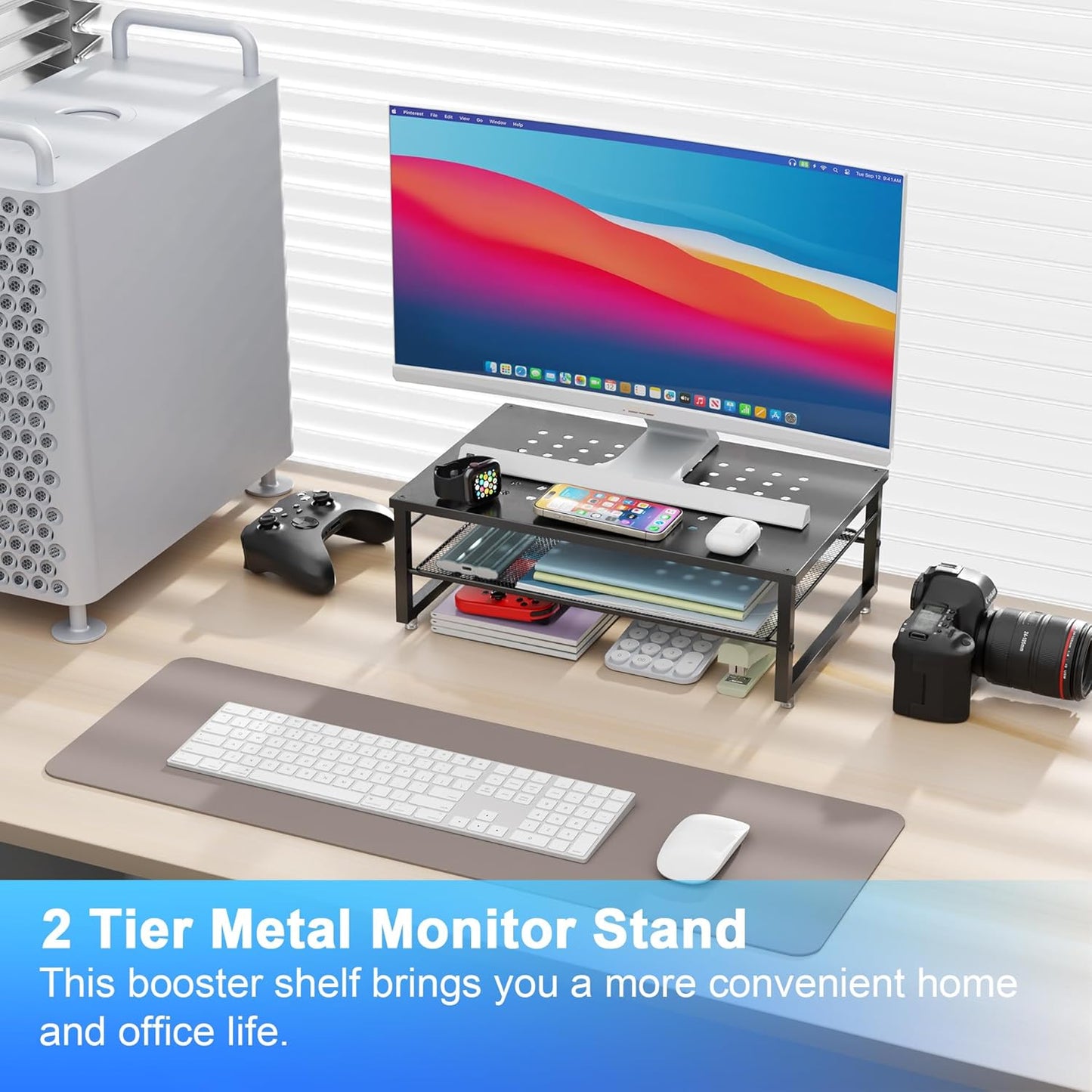 gianotter Desk Organizers and Accessories, 2-Tier Metal Monitor Stand Riser, Desk Organizer for Monitor, Office Desk Storage Organizer for Office Supplies (Black)