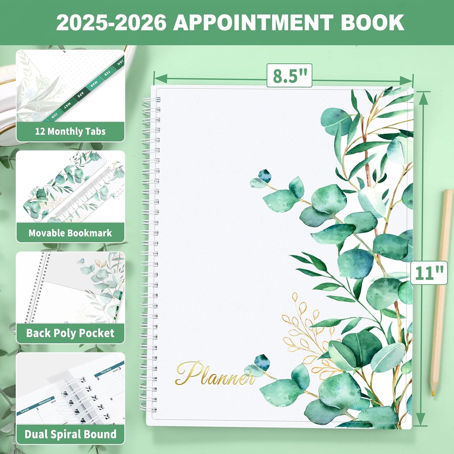 SUNEE 2025-2026 Appointment Book, Quarter-Hourly, Weekly & Monthly - from July 2025 to June 2026, 8.5"x11" Academic Planner, Flexible Cover, Note Pages, Bookmark, Spiral Binding, Leaves