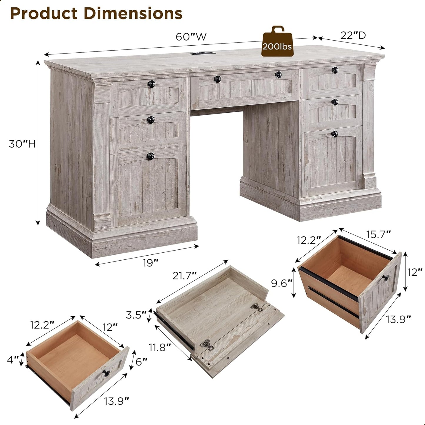 OKD 60" Executive Desk with Drawers, Farmhouse Home Office Desk with Charging Station, Keyboard Tray, File Cabinet Storage, Wood Computer Desk for Work and Study, Antique Brushed White