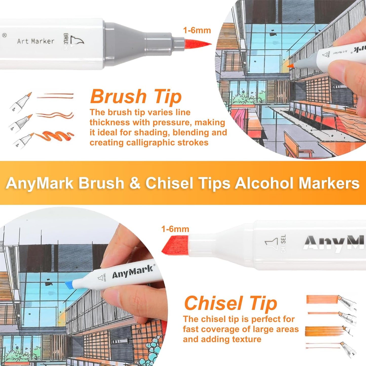 AnyMark Alcohol Markers Brush Tip, 100+1 Colors Dual Tip Brush & Chisel Alcohol-Based Art Markers Set with Case for Adult Artists Drawing Coloring