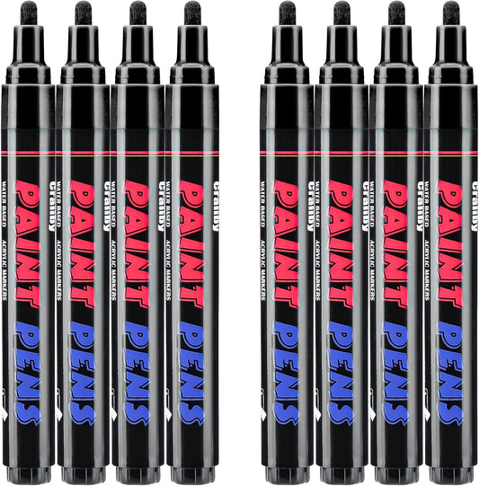 Black Paint Pens Paint Markers - 8 Pack Permanent Quick Dry Waterproof Marker Pens for Rocks Wood Fabric Plastic Canvas Glass Mugs Metal Tire Stone