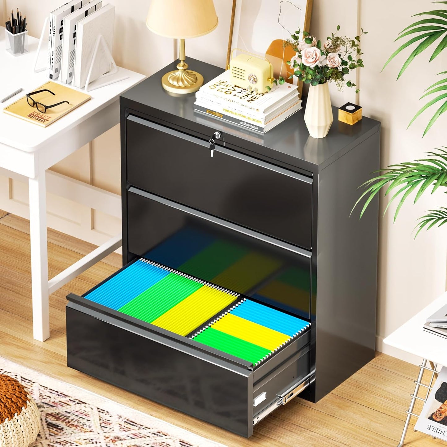 Superday Black Filing Cabinet 3 Drawer File Cabinet 20" Deep, Locking Metal File Drawer Cabinets, Rolling Filing Cabinets with Lock for Office Letter/A4/Legal (Black)