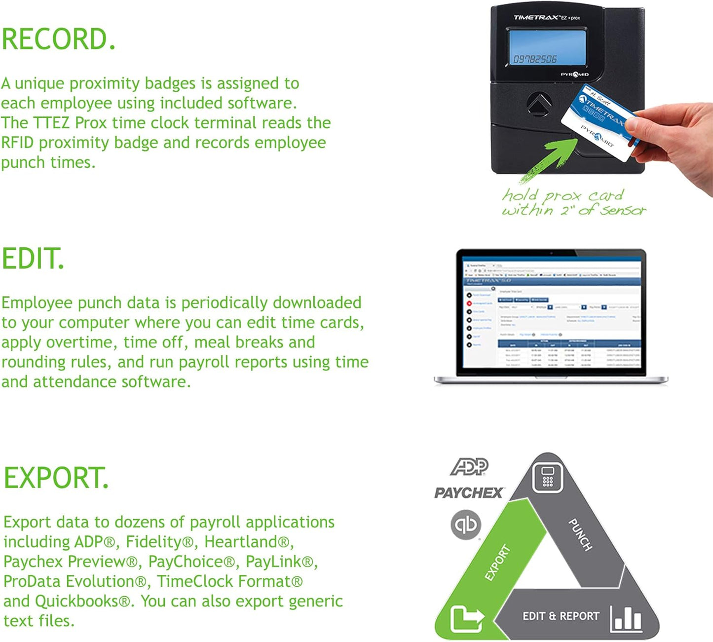 Pyramid Time Systems -TimeTrax Automated Proximity Time and Attendance with Pyramid TTEZ Time Clock System with Software Download [PPDLAUBKN], RFID - No Touch Employee Punch in - Black