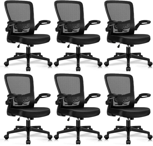 Desk Chairs with Wheels, Ergonomic Mesh Office Chair Adjustable Height and Swivel Lumbar Support Home Office Chair with Flip Up Armrests, Set of 6