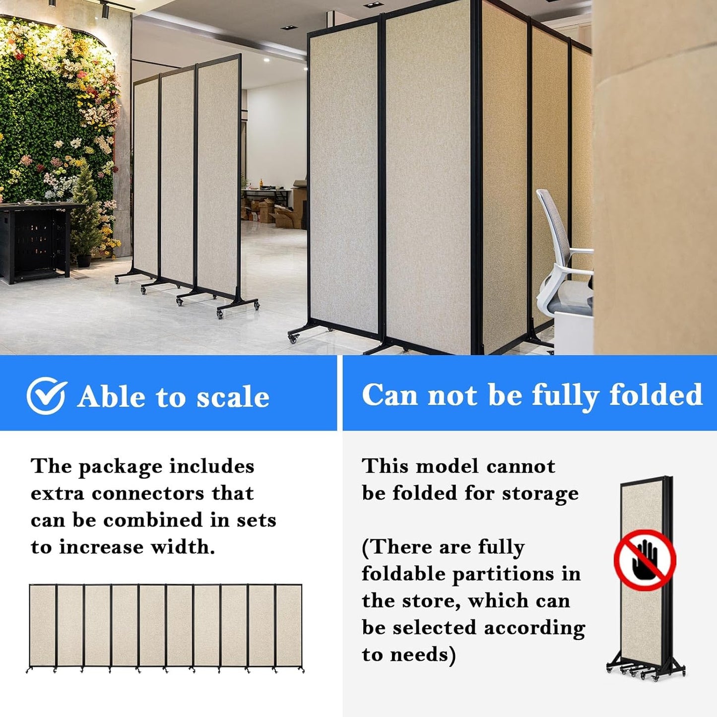 Upgrade Version Room Partition and Divider, Freestanding Rolling Dividers with Wheels,Office Privacy Screen Divider Wall,Classroom Felt Dividers,8'2"L* 6'7"H,4 Panel，Beige