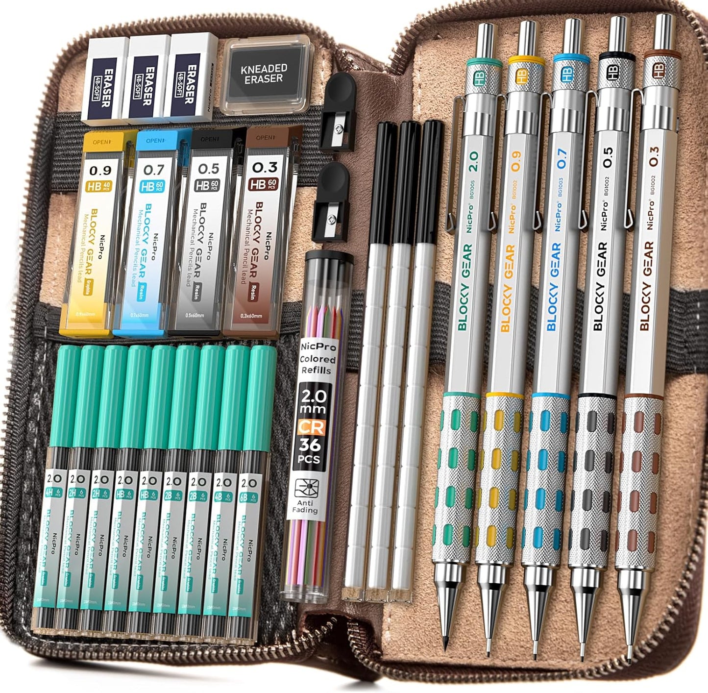 Nicpro Blocky Gear Metal Mechanical Pencil Set in Leather Case, 29PCS Art Drafting Pencils 0.3, 0.5, 0.7, 0.9&2mm Lead Pencil with 330PCS Lead (HB 2H 4H 2B 4B 6B Color) For Writing Sketching Drawing