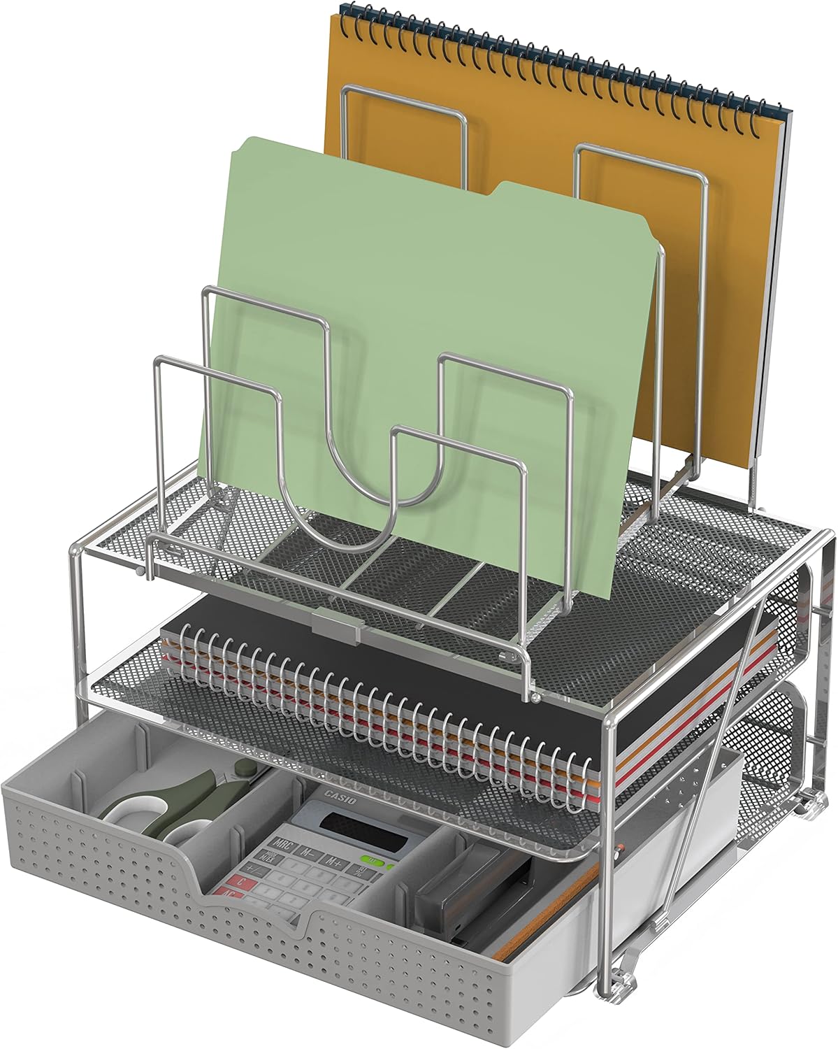 DecoBrothers Desktop File Organizer with Double Tray and 5 Folder Stand, Silver