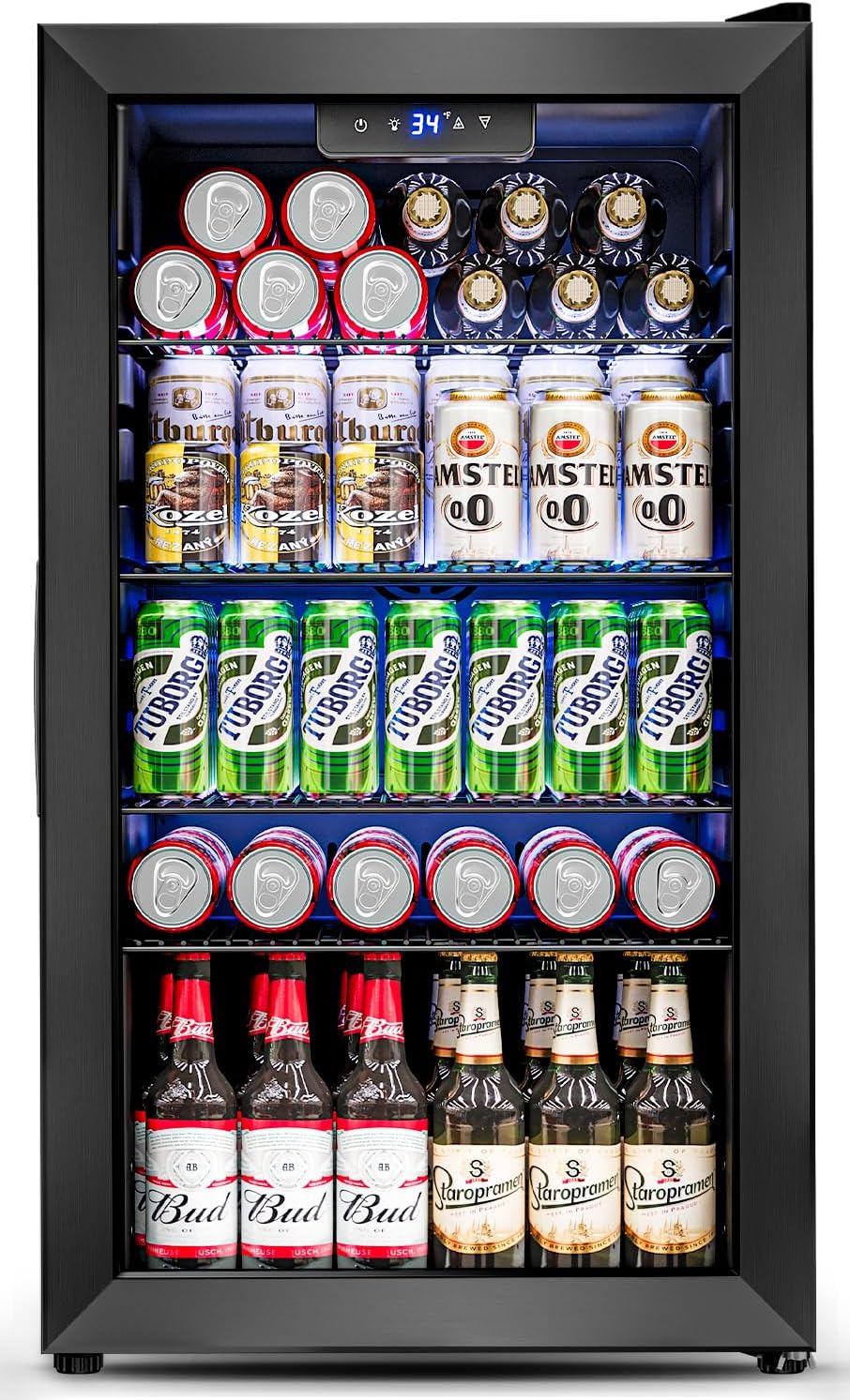 3.2 Cu.Ft Mini Fridge with Glass Door - 126 Can Beverage Refrigerator Cooler for Drink Beer Wine Soda, Small Fridge for Bedroom Office Bar Dorm, 4 Adjustable Shelves, Black