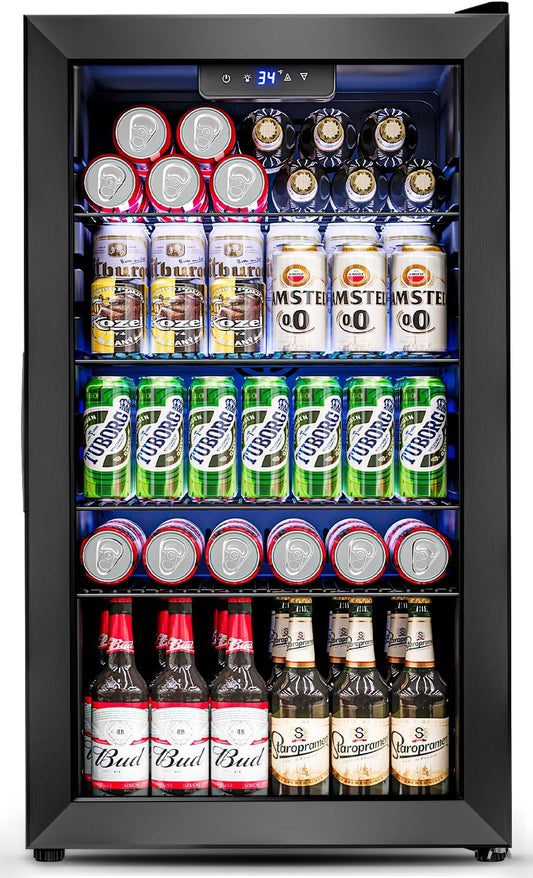 3.2 Cu.Ft Mini Fridge with Glass Door - 126 Can Beverage Refrigerator Cooler for Drink Beer Wine Soda, Small Fridge for Bedroom Office Bar Dorm, 4 Adjustable Shelves, Black