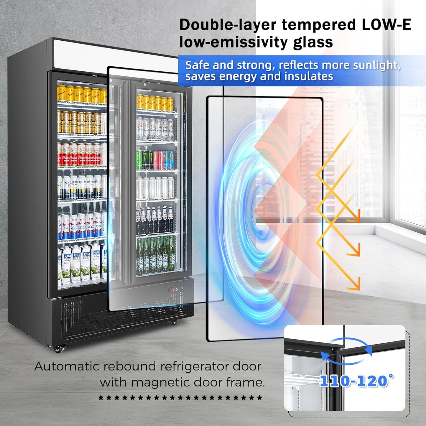 Commercial Merchandiser Display Refrigerator 40 Cu.ft. with 2 Glass Doors ETL Drink Cooler Beverage Fridge for Bars,Restaurants, Convenience Stores, Supermarkets and Offices