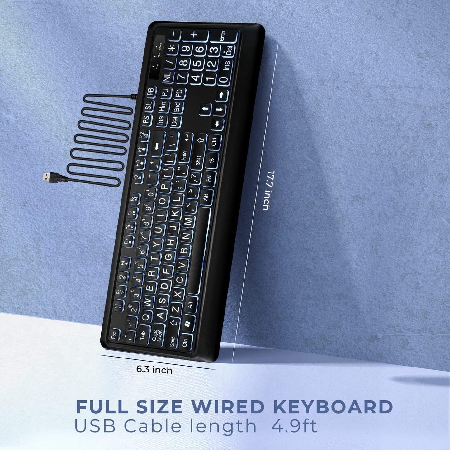 Large Print Backlit Keyboard, USB Wired Computer Keyboard, Full Size Keyboard with White Illuminated LED Compatible for Windows Desktop, Laptop, PC, Gaming, Black