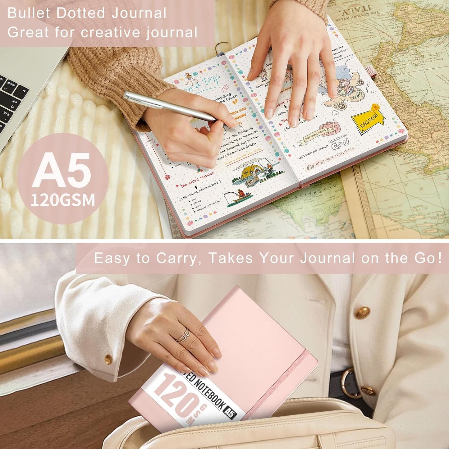 AHGXG Bullet Dotted Journal - Dot Grid Notebook Journal, 120 GSM Thick Acid-Free Paper, A5 Dotted Notebook 160 Pages, Leather Hardcover, Inner Pocket, Journal Stencil, 5.7'' × 8.3'' - Rose Gold