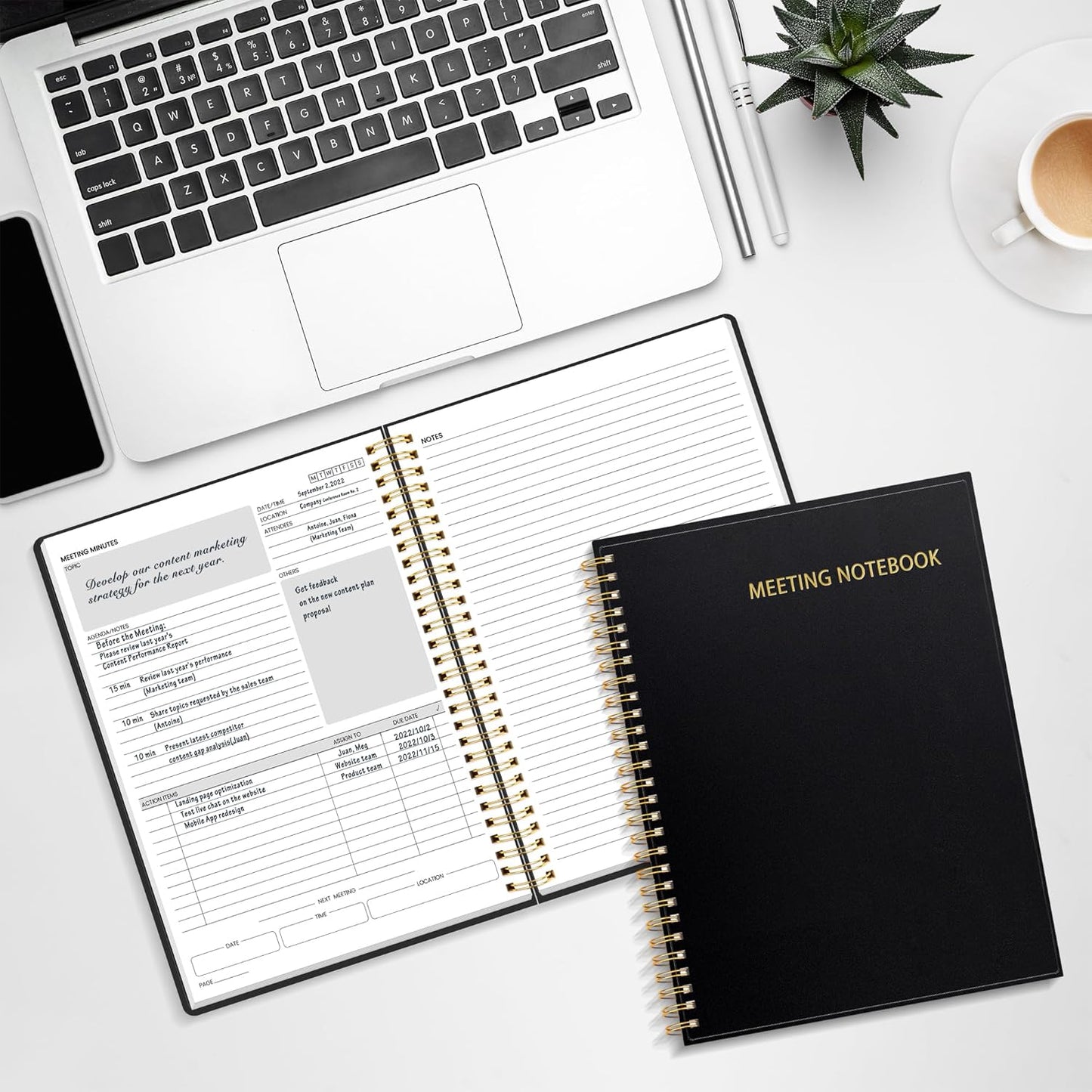 SUNEE Half Meeting Half Note - 7.5"x10" Professional Notebooks for Work - 160 Pages, B5 Size Project Planner, Spiral Meeting Agenda/Minutes Organizer for Women Men, Note Taking, Office & Business