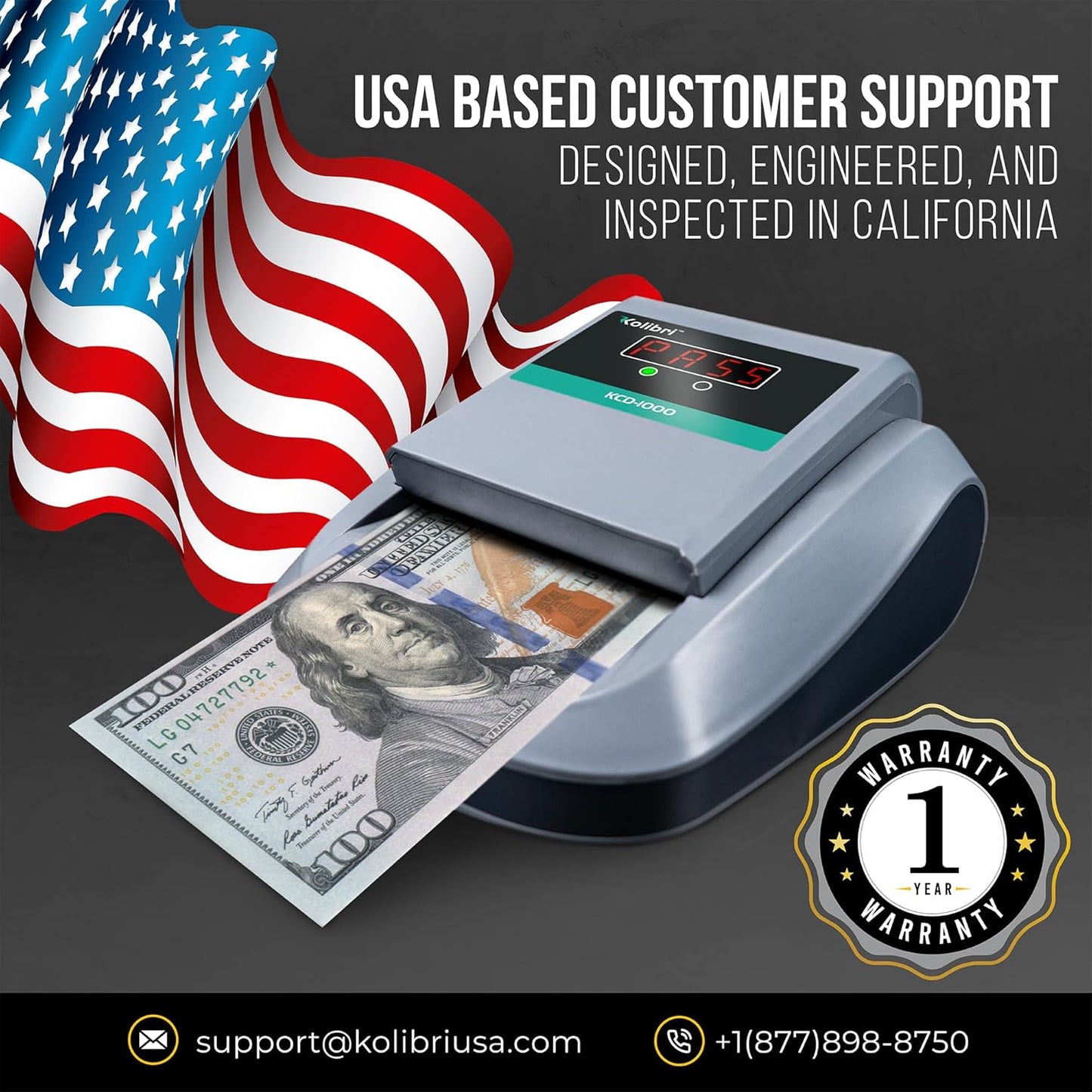 Kolibri KCD-1000 4-Way Orientation Portable Fake Currency Reader and Counterfeit Bill Detector with UM, Magnetic, Infrared Counterfeit Money Detector, Easy Pass/Fail Indicator (KCD-1000)