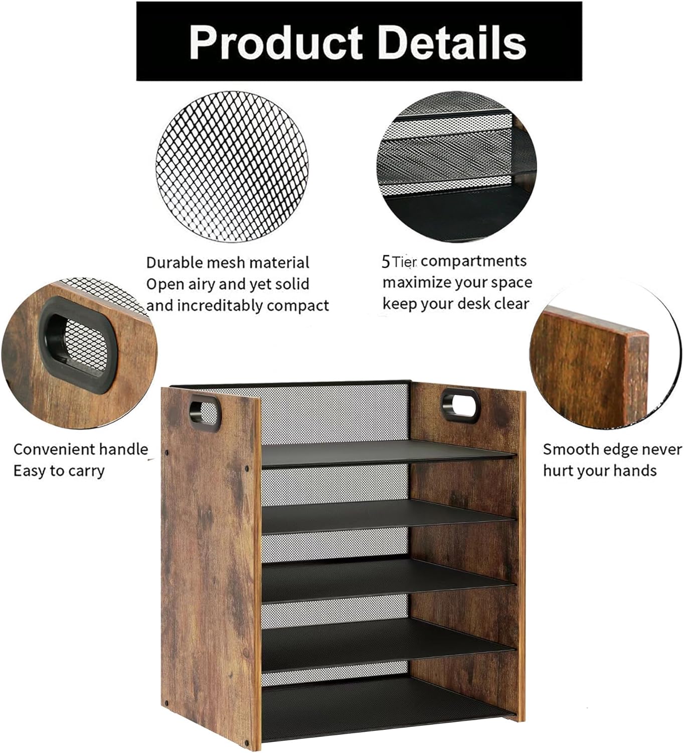 Wood Desk Organizer - 5-Tier Desktop File Organizer, Wooden Paper Tray, Office Desk Organzier and Accessories for Papers, Mail, Notebooks, Stationery