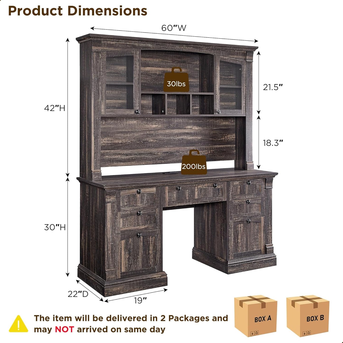 OKD 60" Executive Desk with Hutch and Drawers, Farmhouse Home Office Desk with Charging Station, Keyboard Tray, File Cabinet Storage, Wood Computer Desk for Work and Study, Dark Rustic Oak