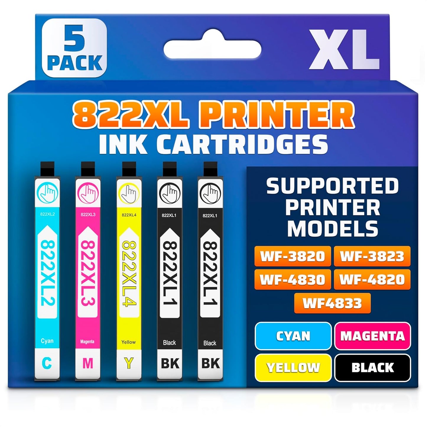 Reluen 5-Pcs 822XL Printer Ink Cartridges – High Capacity 2 Black & 3 Standard Color Combo Pack – Easy to Install and Compatible with WF-3820, WF-3823, WF-4820, WF-4830, WF-4833, WF-4834 Printers