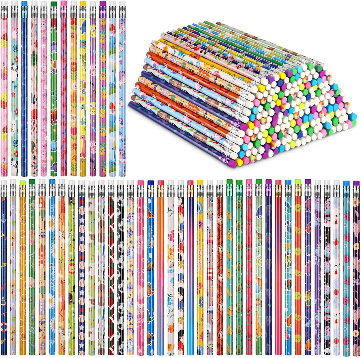 Sabary 200 Pcs Assorted Wood Pencil Bulk 50 Styles #2 HB Colorful Novelty Fun Dinosaur Animals Fruits Sports Pencils with Erasers Back to School Supplies for Kids Student Teacher Classroom Reward