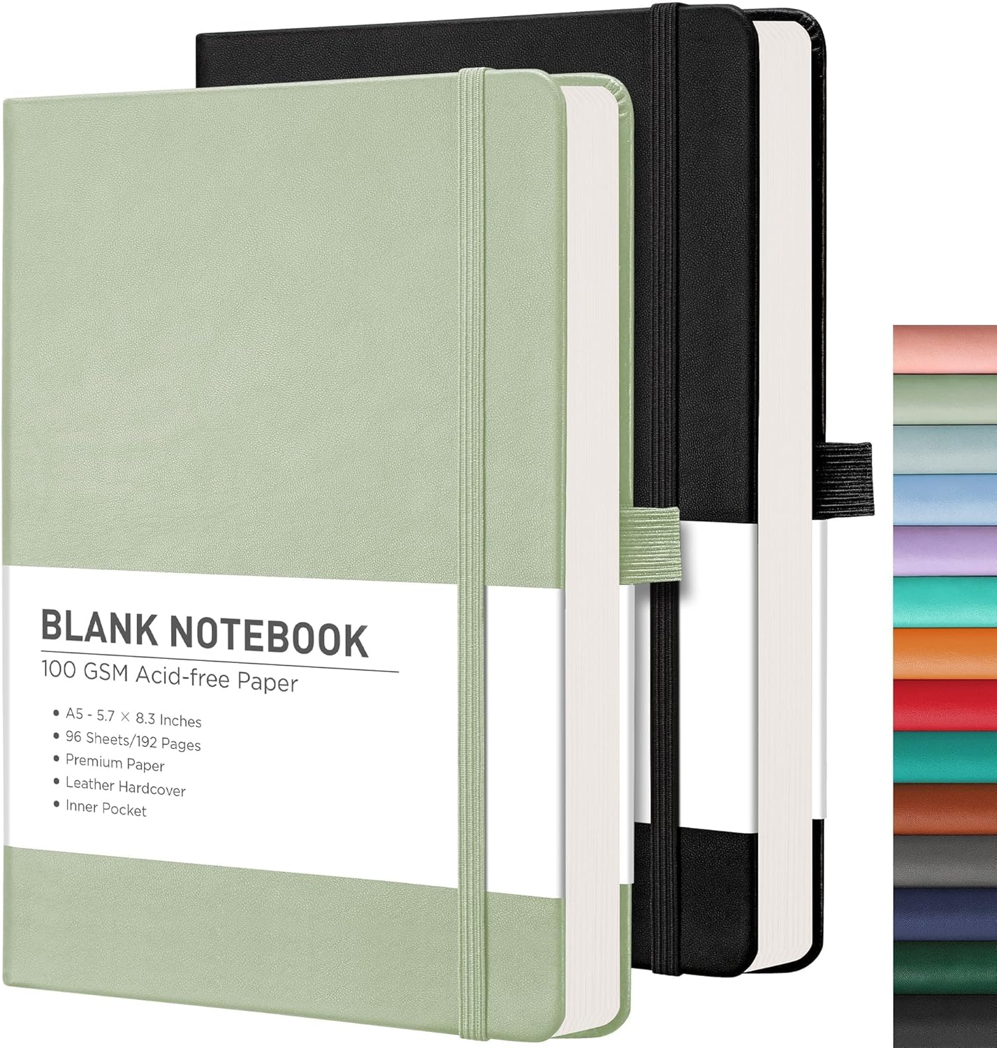 RETTACY Blank Journal Notebook, 2-Pack, 192 Pages per Pack, A5 Medium Size (5.7'' x 8.3''), Leather Hardcover, 100 GSM Thick Paper, for Sketching, Drawing, Painting (Black & Light Green)