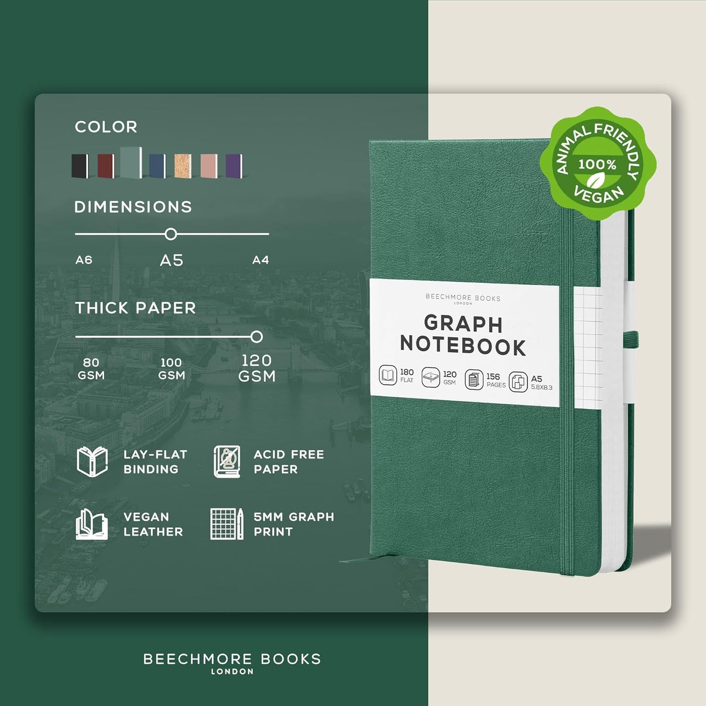 BEECHMORE BOOKS Graph Paper Notebook - Regular, Green | Premium Square Grid Math & Science Journal | 5.75" x 8.25" Hardcover Vegan Leather | Thick 120gsm Cream Graph Paper | Gift Box for Men & Women