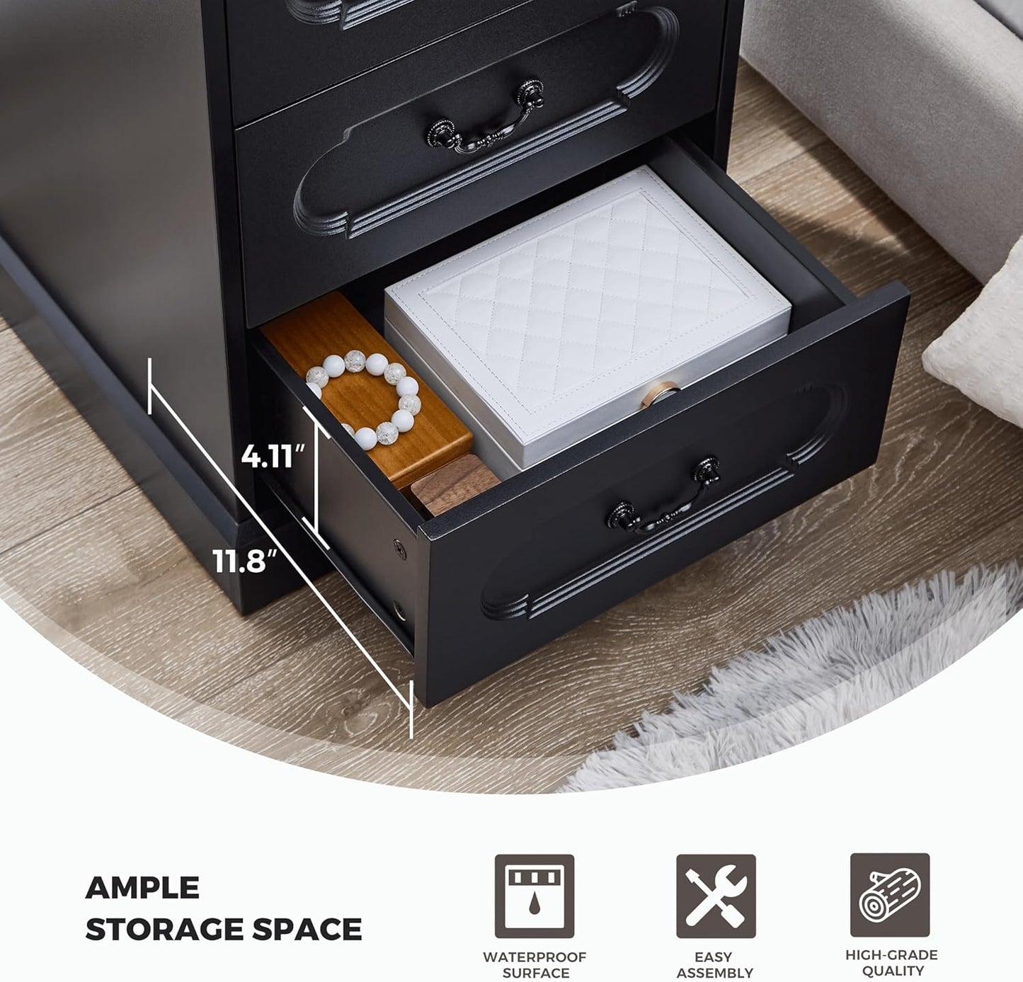 LIDYUK 3 Drawer Dresser for Bedroom Farmhouse Black Wood Chest of Drawers Bedroom Dresser with Charging Station, Rustic Small Drawers Dressers Nightstand Wooden Closet Storage Cabinet, Living Room