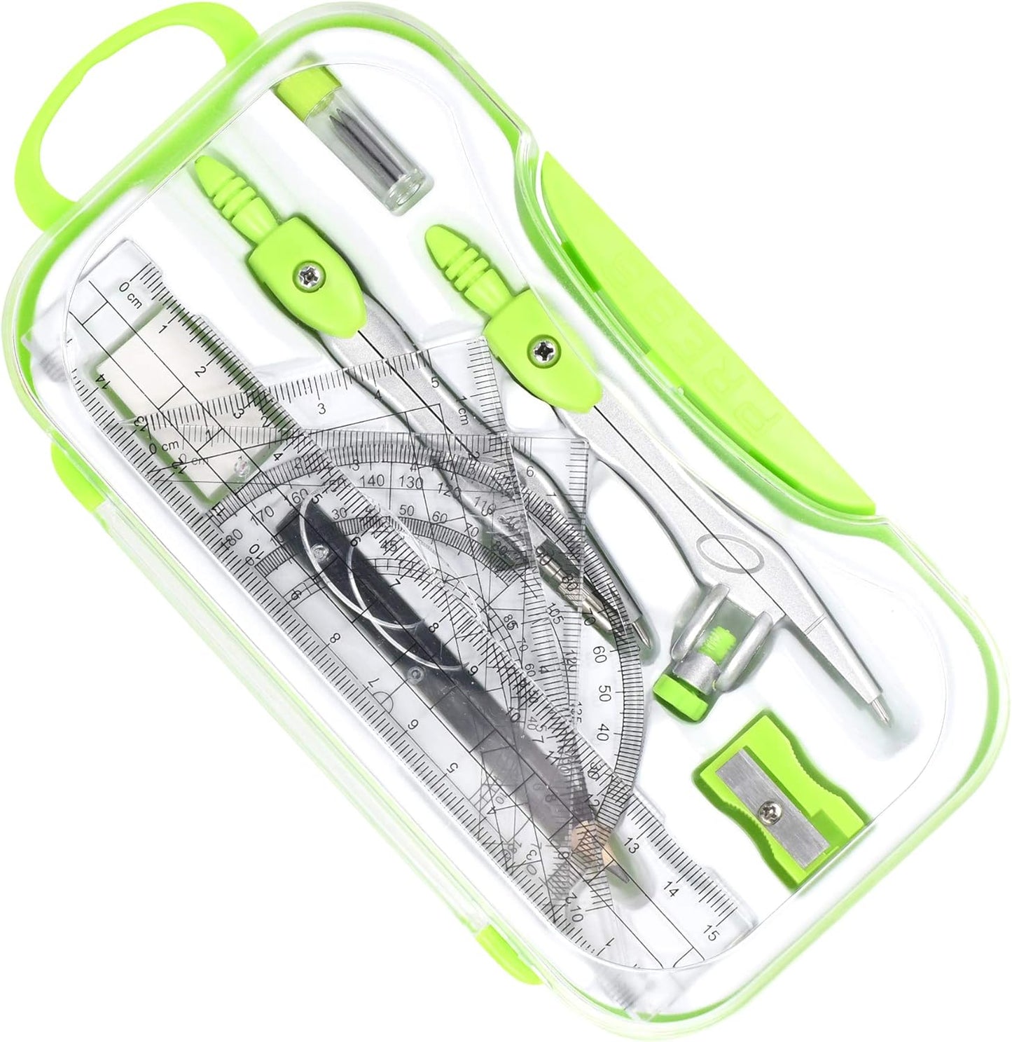 10 Pieces Math Geometry Kit Set Student Supplies with Shatterproof Storage Box,Includes Rulers,Protractor,Compass,Eraser,Pencil Sharpener,Lead Refills,Pencil,for School and Drawings（Green）