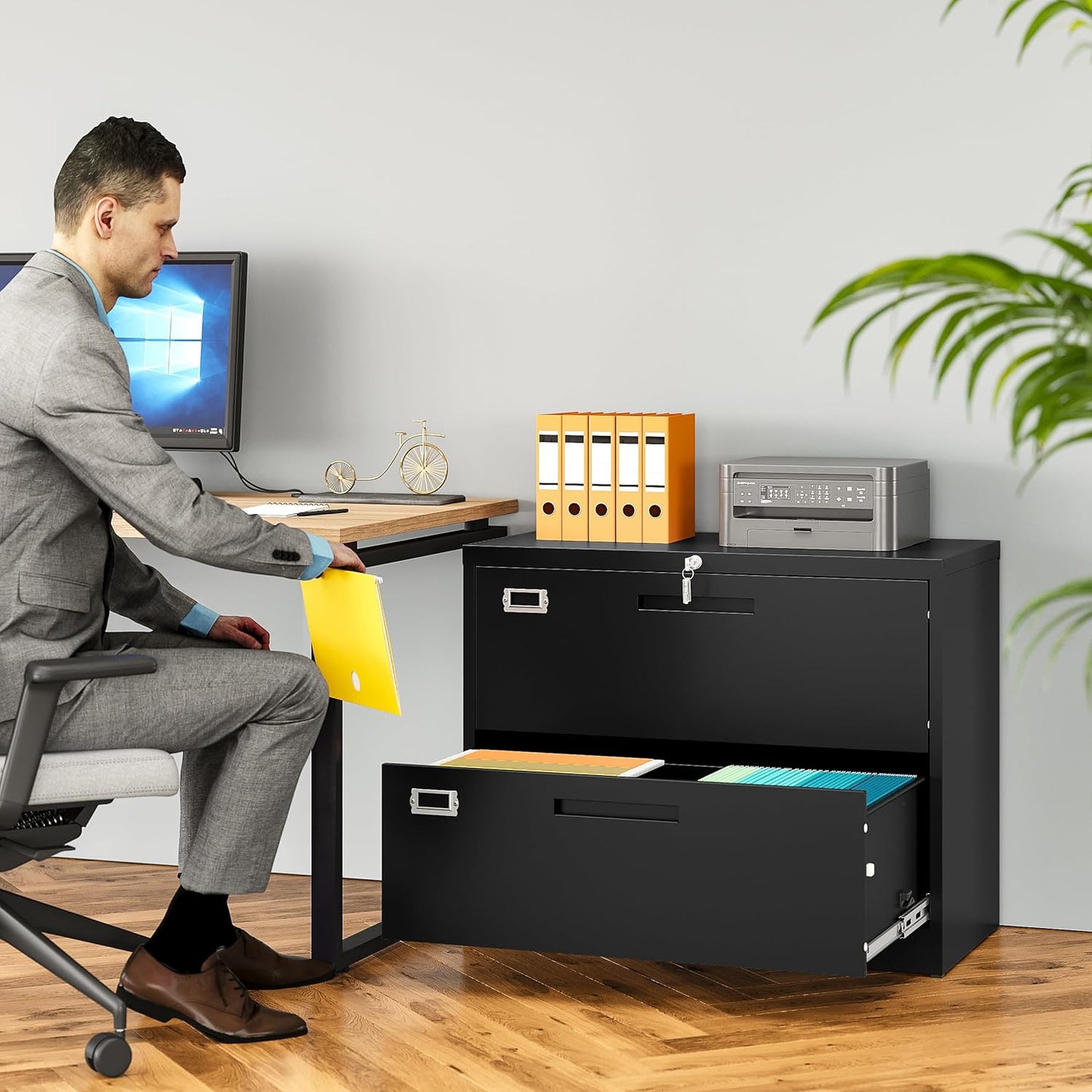 SISESOL 2 Drawer Lateral File Cabinet with Lock,Black Lateral Filing Cabinet,Horizontal Metal Filing Cabinet,Locked Wide Two Drawer File Cabinet for Office Home,Fit A4/F4/Letter/Legal File