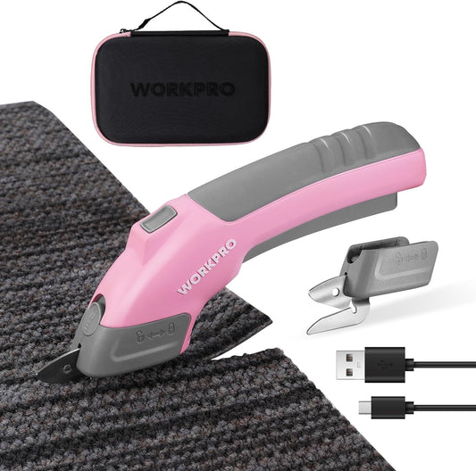 WORKPRO 4V Cordless Electric Scissors With 2 blades, Fabric, Leather, Carpet and Cardboard Cutter, 2000mAh Rechargeable Powerful shears with Storage Case
