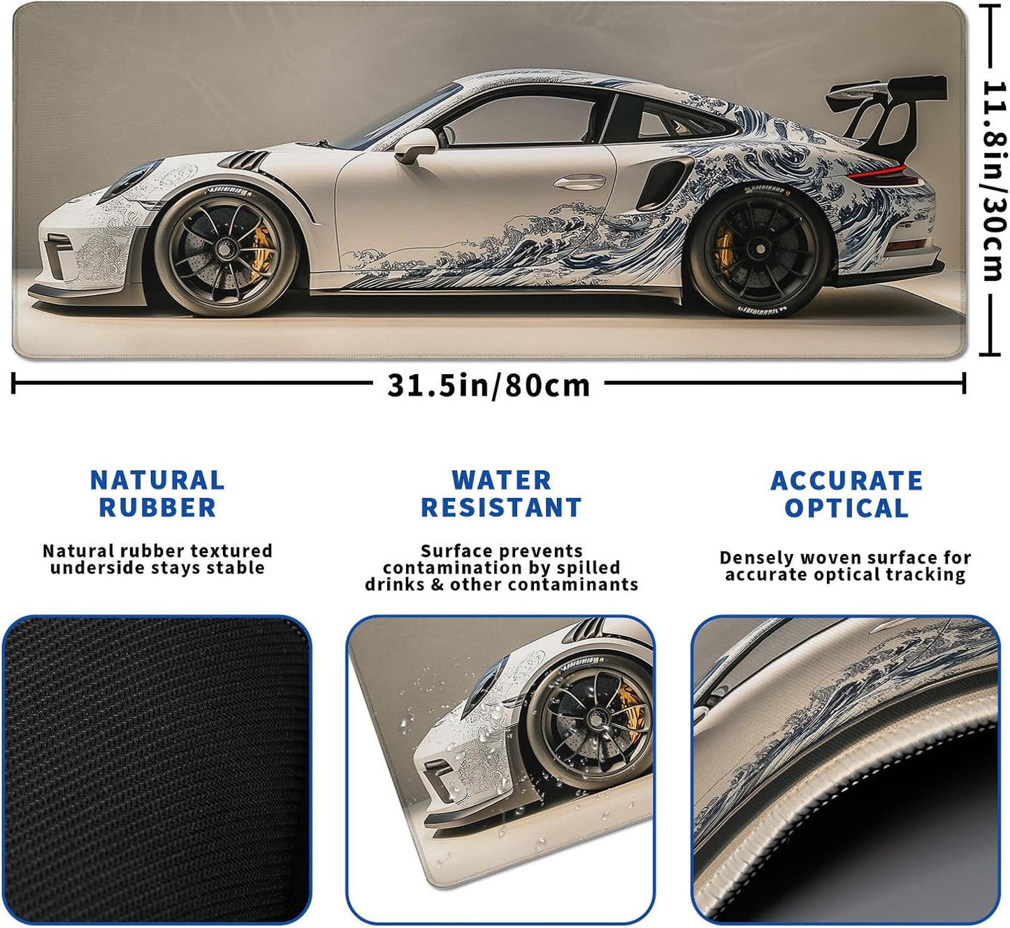 White Ukiyo-e Style Sports Car Mouse Pad Abstract White Mouse Pad 31.5x11.8 Inch Texture Non-Slip Rubber Base Large Mousepad Stitched Edges Keyboard Mouse Mat Desk Pad for Office