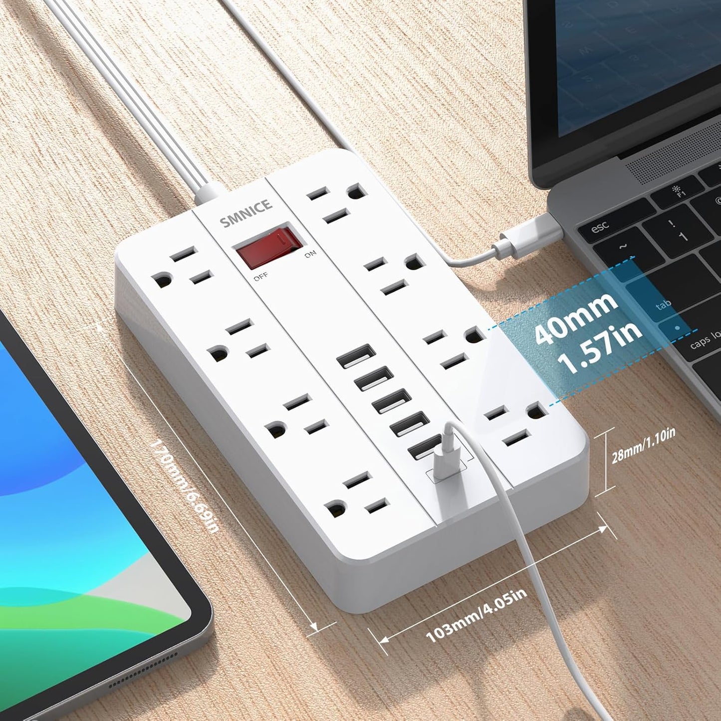 Power Strip with USB,Surge Protector Flat Plug with 8 Widely Spaced Outlets and 6 USB Ports(1 USB C), 5ft Extension Cord Wall Mountable Phone Tablet Laptop Computer Multiple Devices