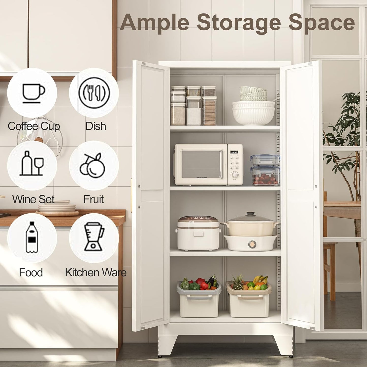 61H Metal Storage Cabinet with 2 Doors and 5 Shelves,Farmhouse Storage Cabinet with Barn Doors,Pantry Storage for Home,Office,Bathroom,Dining Room,Kitchen(White)