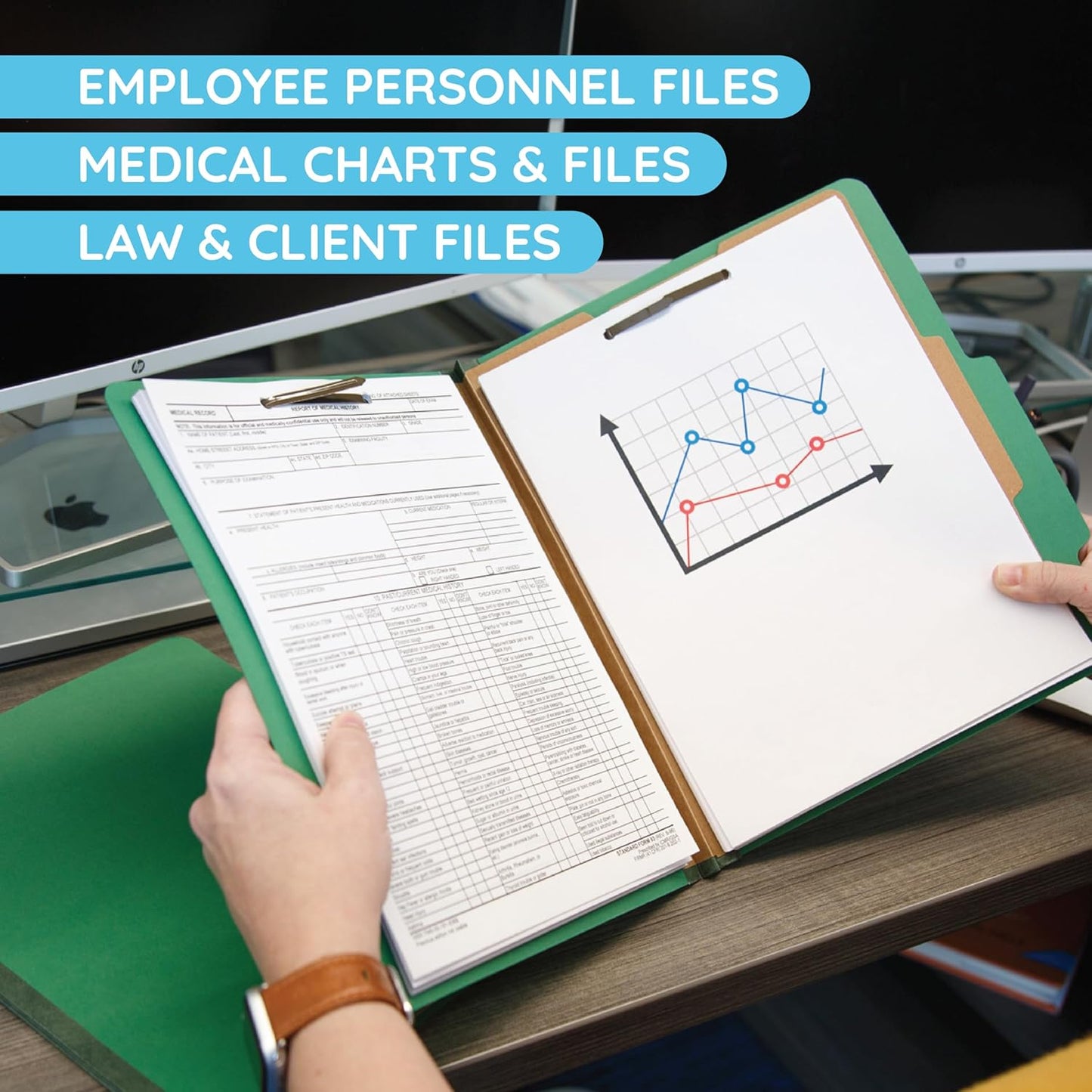 Blue Summit Supplies Classification Folders, 1-Divider, Letter Size, Green, with 2 Inch Tyvek Expansions, Durable 2 Prong Design for Organizing Standard Medical Files & Office Reports, 10 Pack