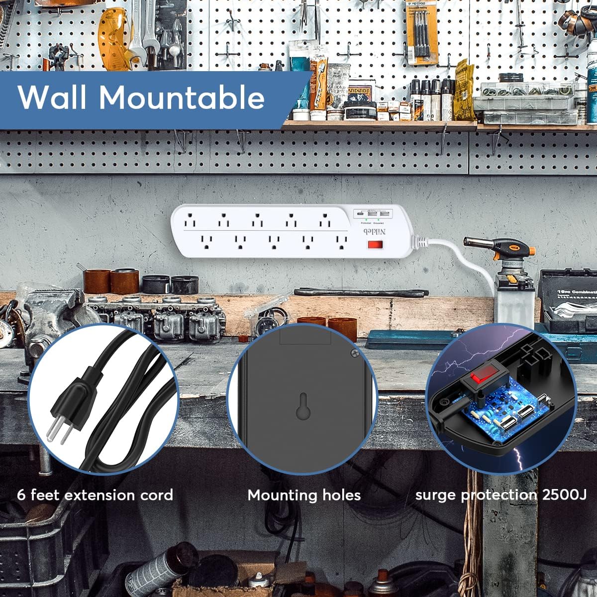 Long Power Strip, Multi Plug Outlet Extender Nikleb with 10 Outlets, Heavy Duty Extension Cord with 2 USB+1 Type C Ports, USB Plug Adapter Surge Protector for House, Garage, Patio, Basement