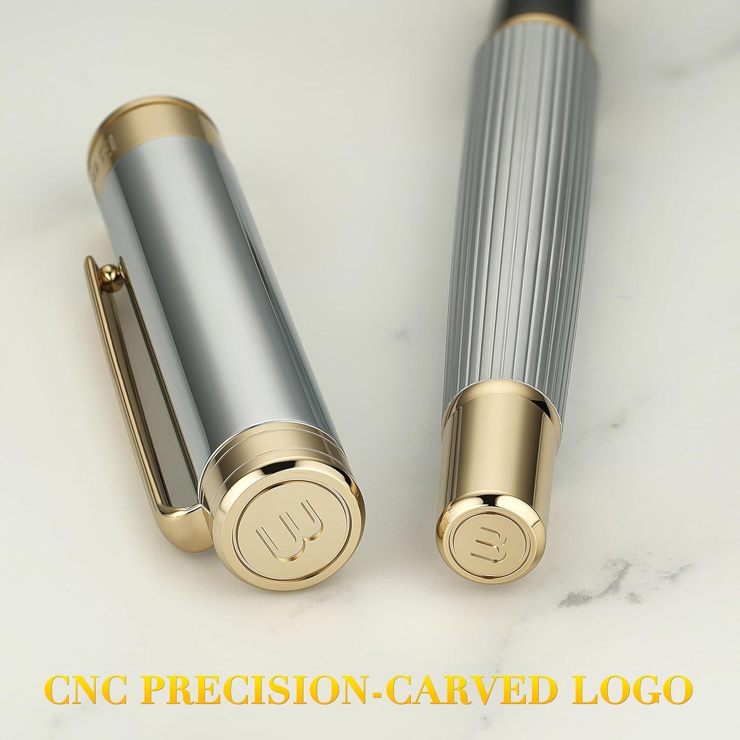 BEILUNER Lighthouse series Rollerball pen, Silver Chrome pen body, exquisite vertical lines, Schneider 850 refill, suitable for men, office, professionals, exquisite and chic designer pen