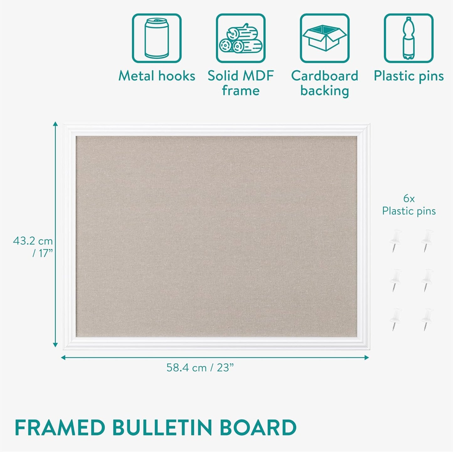 Navaris Framed Linen Bulletin Board - Approx. 58 x 43cm Fabric Jewelry Organizer Pinboard for Wall Memory Memo Pin Board - Natural Linen with White Frame