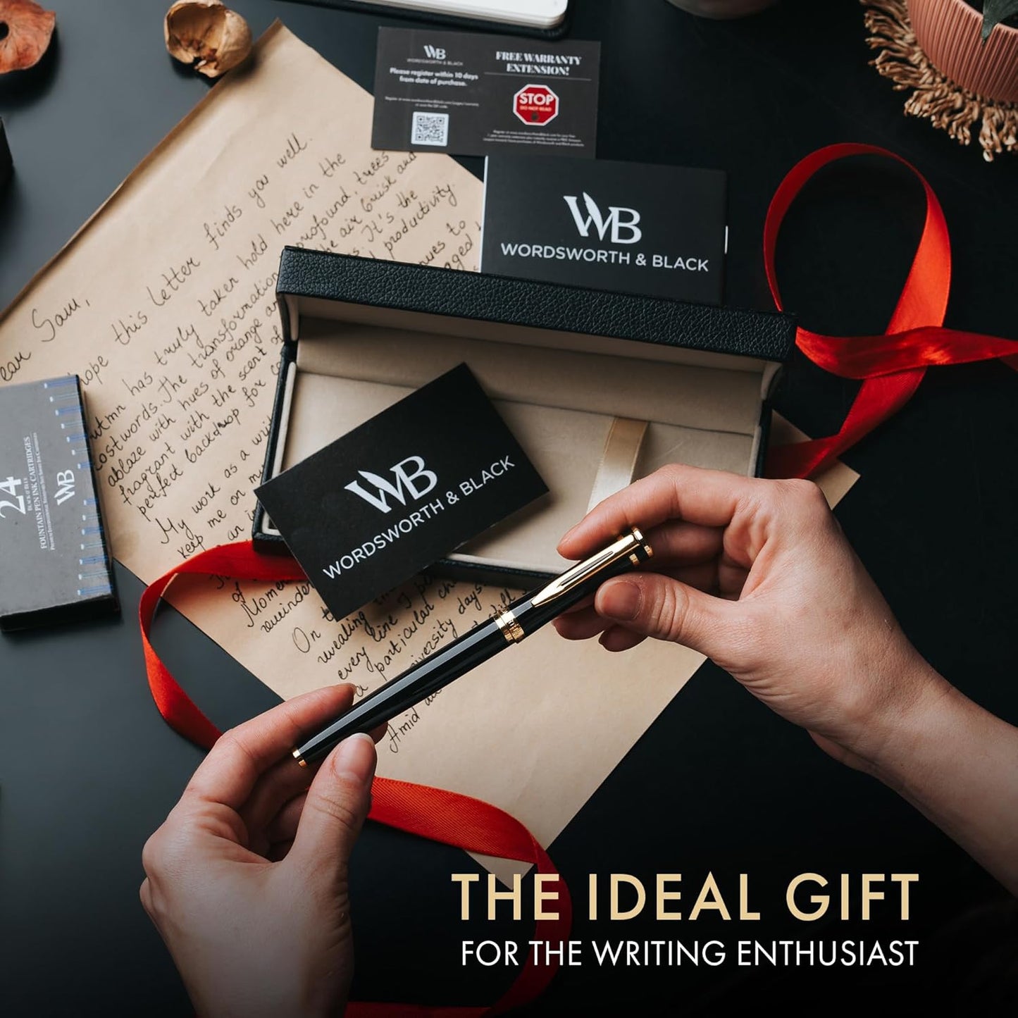 Wordsworth & Black Fountain Pen Set, 18K Gilded Bent Nib, Includes 24 Pack Ink Cartridges, Ink Refill Converter & Gift Box, Gold Finish, Calligraphy, [Black Gold], Perfect for Men & Women