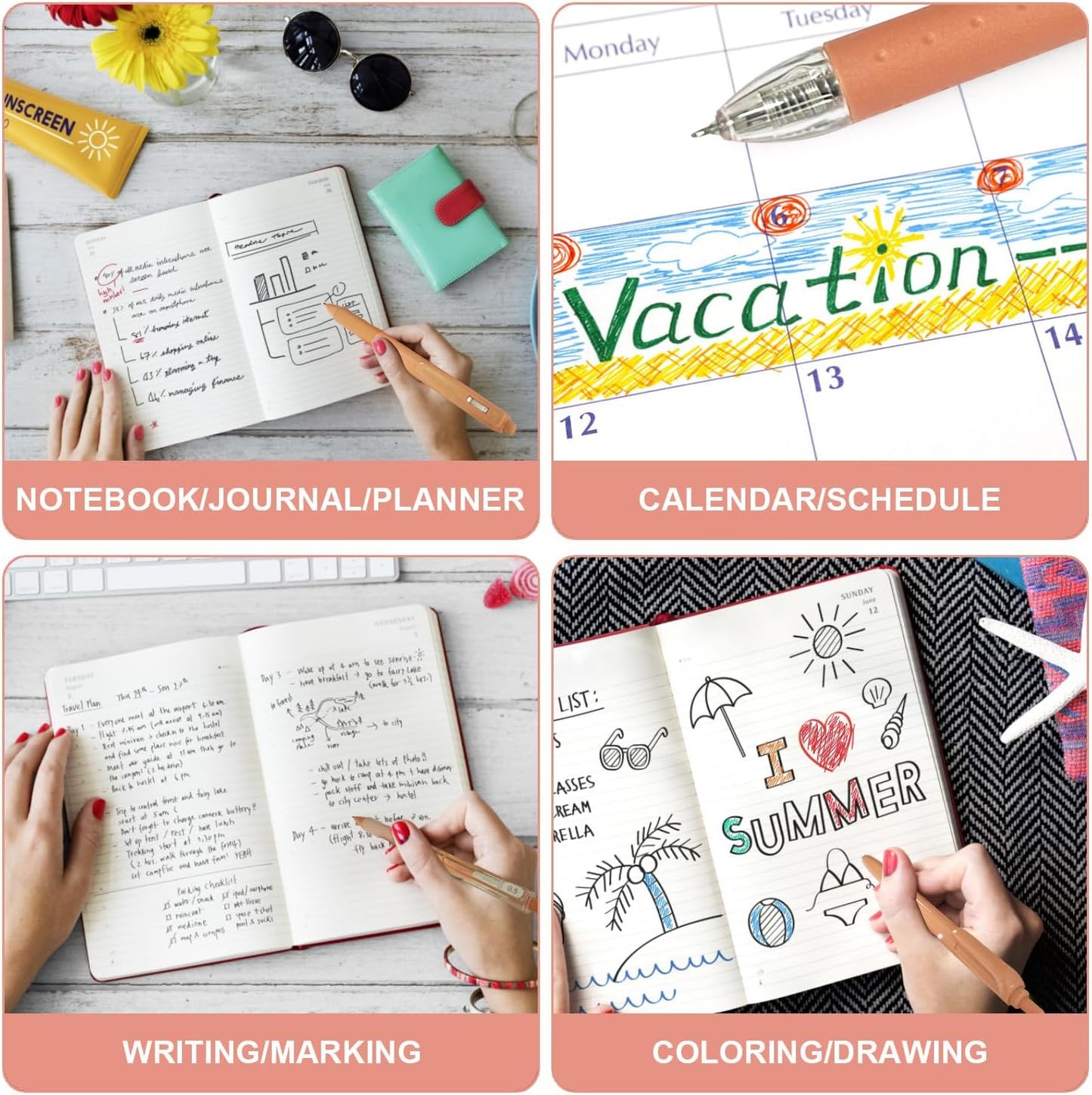 6 Count Pastel Gel Ink Pen Set,Cute Note Taking 0.5mm Fine Point Retractable 5 Count Black Ink Pens with 1 Count Highlighter for Writing, Journaling, School, Office (Caramel Brown)