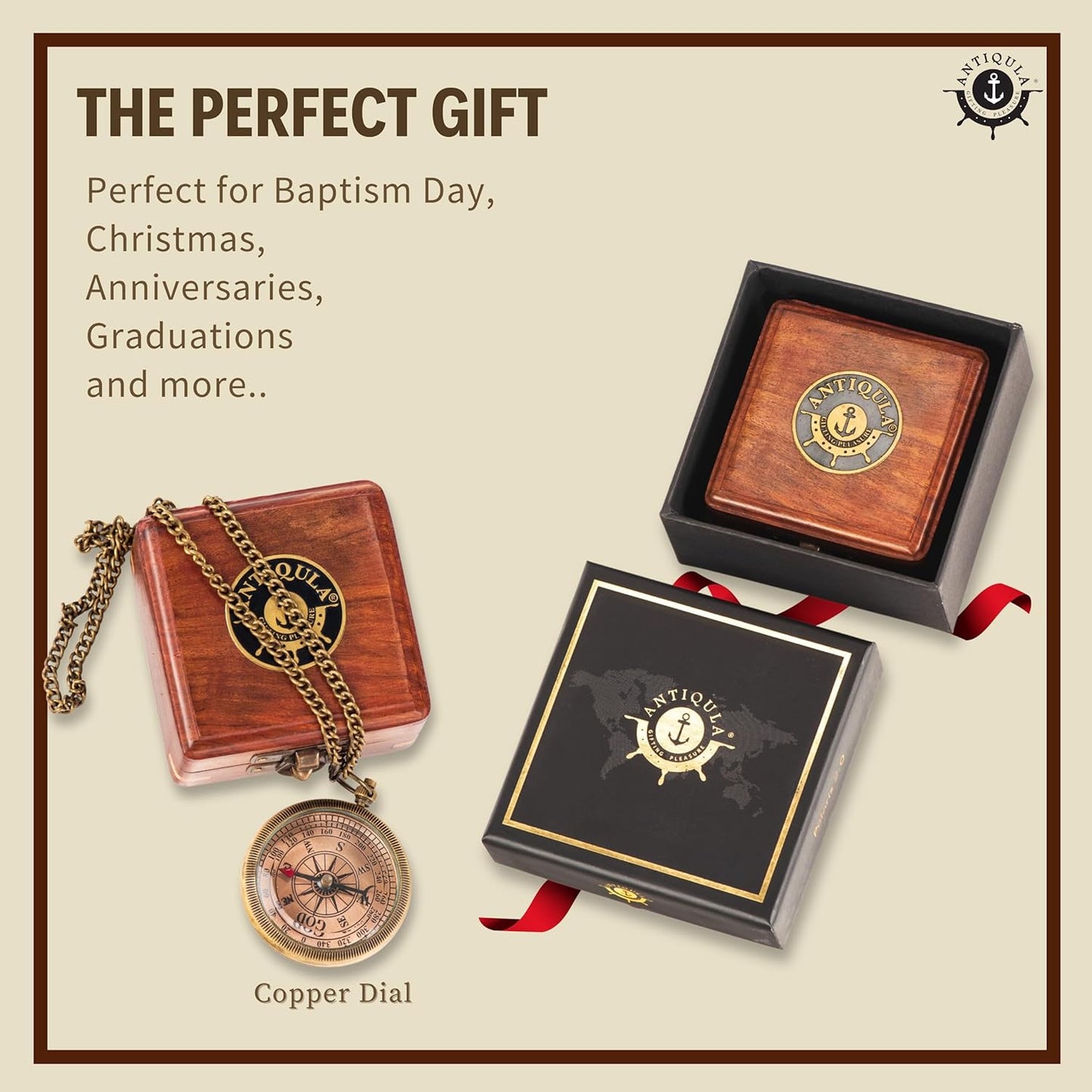 Brass Compass with Wooden Box - Graduation Gifts, Pirate Accessories & Baptism Gift For Boys, Steampunk Travel Decor Compasses For Missionary, Inspirational and Sentimental Compass