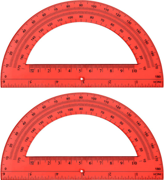 Zonon 2 Pcs 6 Inch Plastic Protractor Math Protractors 180 Degrees Angle Measurement, Translucent for Geometry Classroom Kid Student School Office Supplies(Red)
