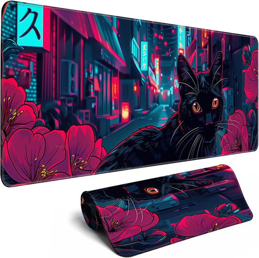 Japanese Black Cat Mouse Desk Pad Kawaii Red Anime Desk Mat Desk Decor Large Gaming Mouse Pad for Tokyo Neon Desk Mousepad Computer Office Keyboard Laptop Big Floral Mouse Pad Xl-31.5x11.8 in
